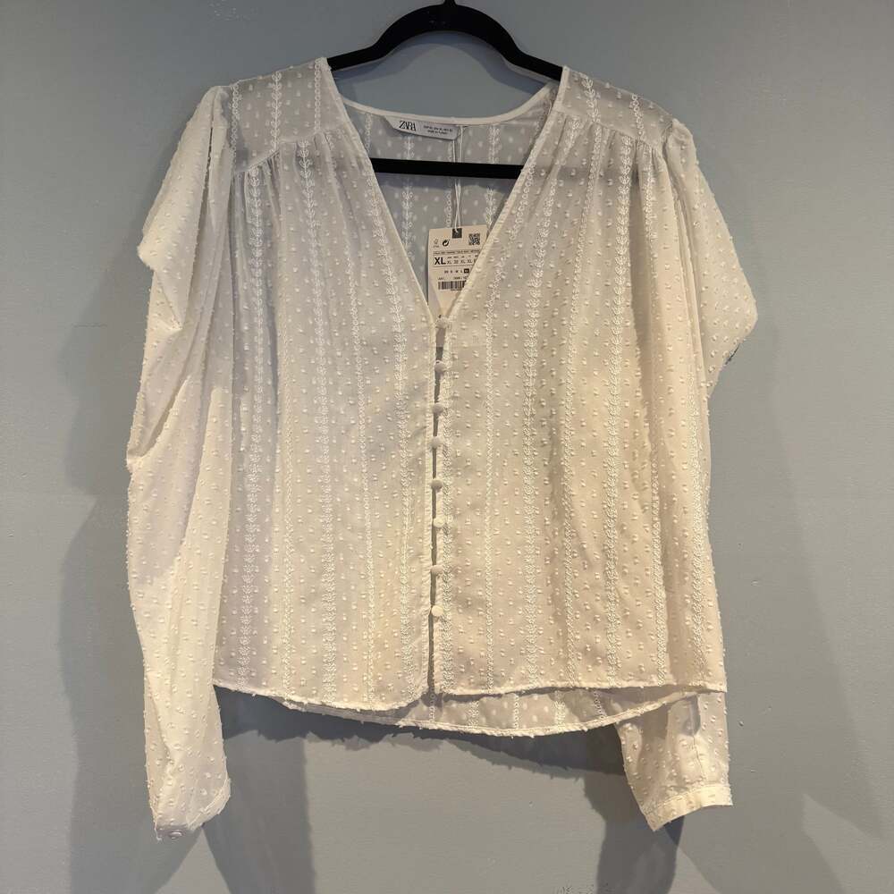 NWT Zara White Embroidered Button-Front Blouse Size XL